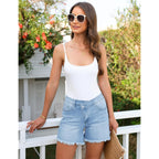 Jean Shorts for Women Mid Rise Trendy Stretchy Crossover Waist Denim Shorts Raw Hem Casual Summer Pockets