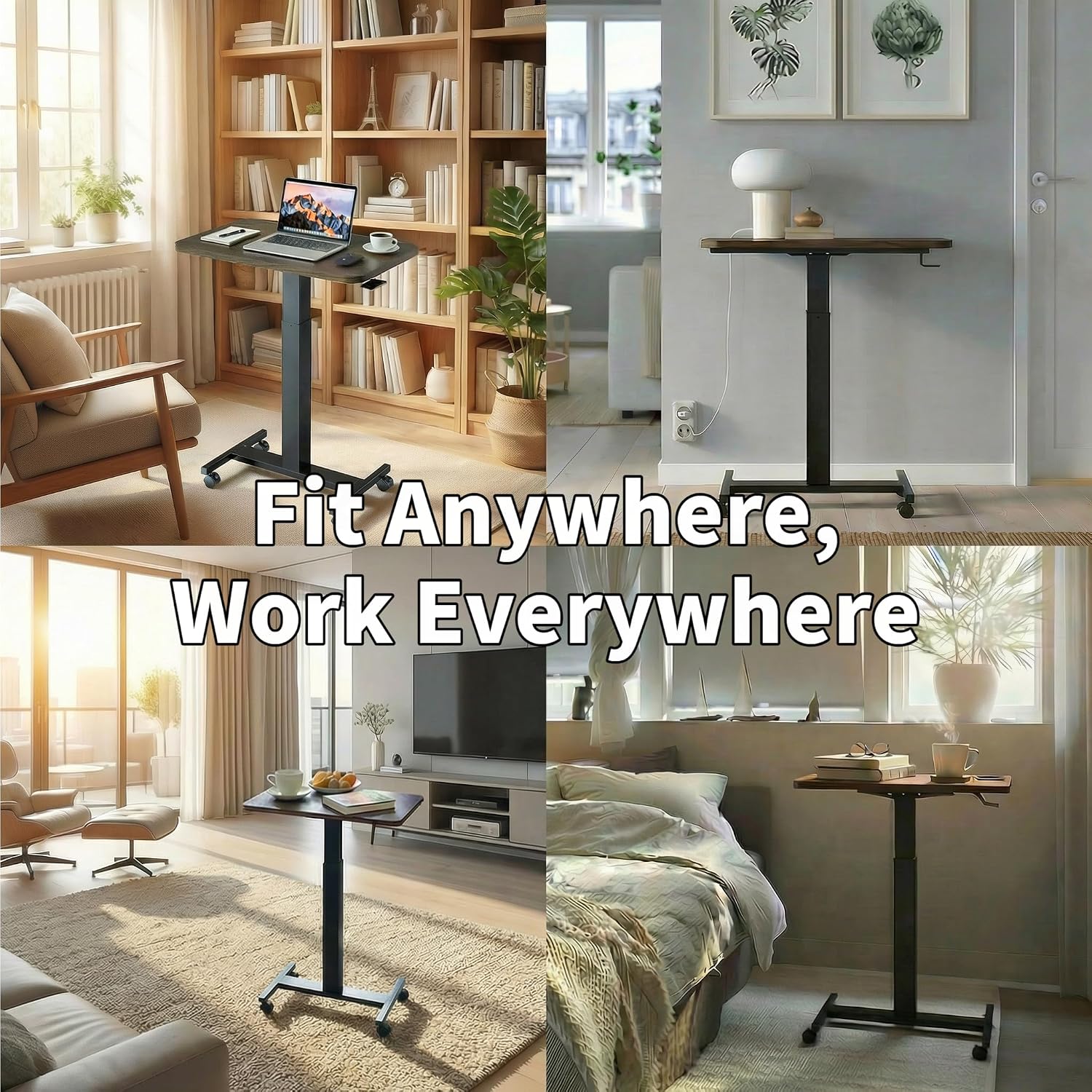 Huanuo Small Rolling Laptop Standing Desk, Height Adjustable Mobile T-Base Desk With Lockable Casters, Portable Sit-Stand Workstation For Bedside & Sofa, Walnut