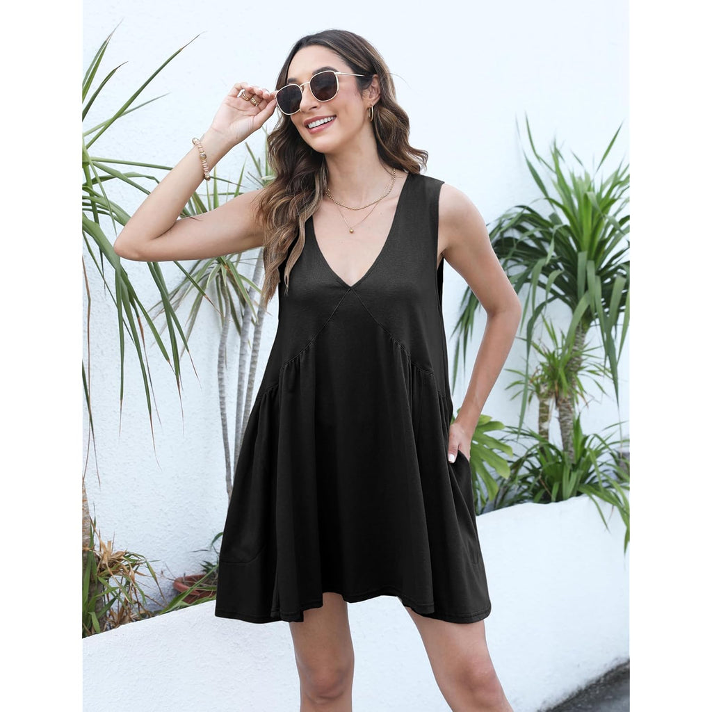 Athlisan Womens Summer Sleeveless Mini Dress Casual Loose V Neck Sundress With Pockets