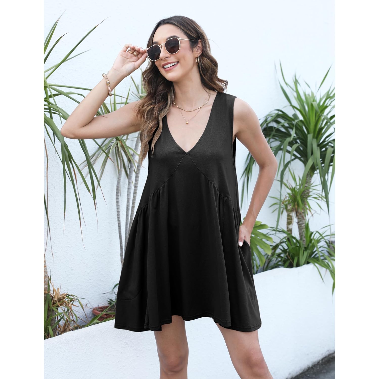 Athlisan Womens Summer Sleeveless Mini Dress Casual Loose V Neck Sundress With Pockets