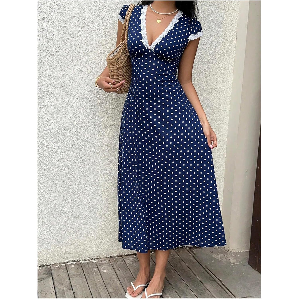 Milumia Women'S Polka Dots Lace Trim Deep V Neck Dress Short Sleeve Flared Long Dresses