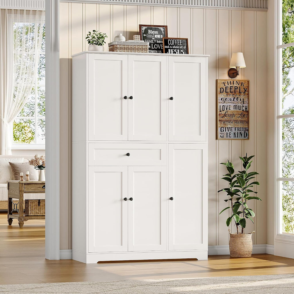 Hostack 68" Tall Kitchen Pantry Storage Cabinet With Doors & Shelves, White | Large Pantry Cabinet With Door Rack, Freestanding Kitchen Storage Cabinet With Drawer, Food Pantry For Dining Living Room