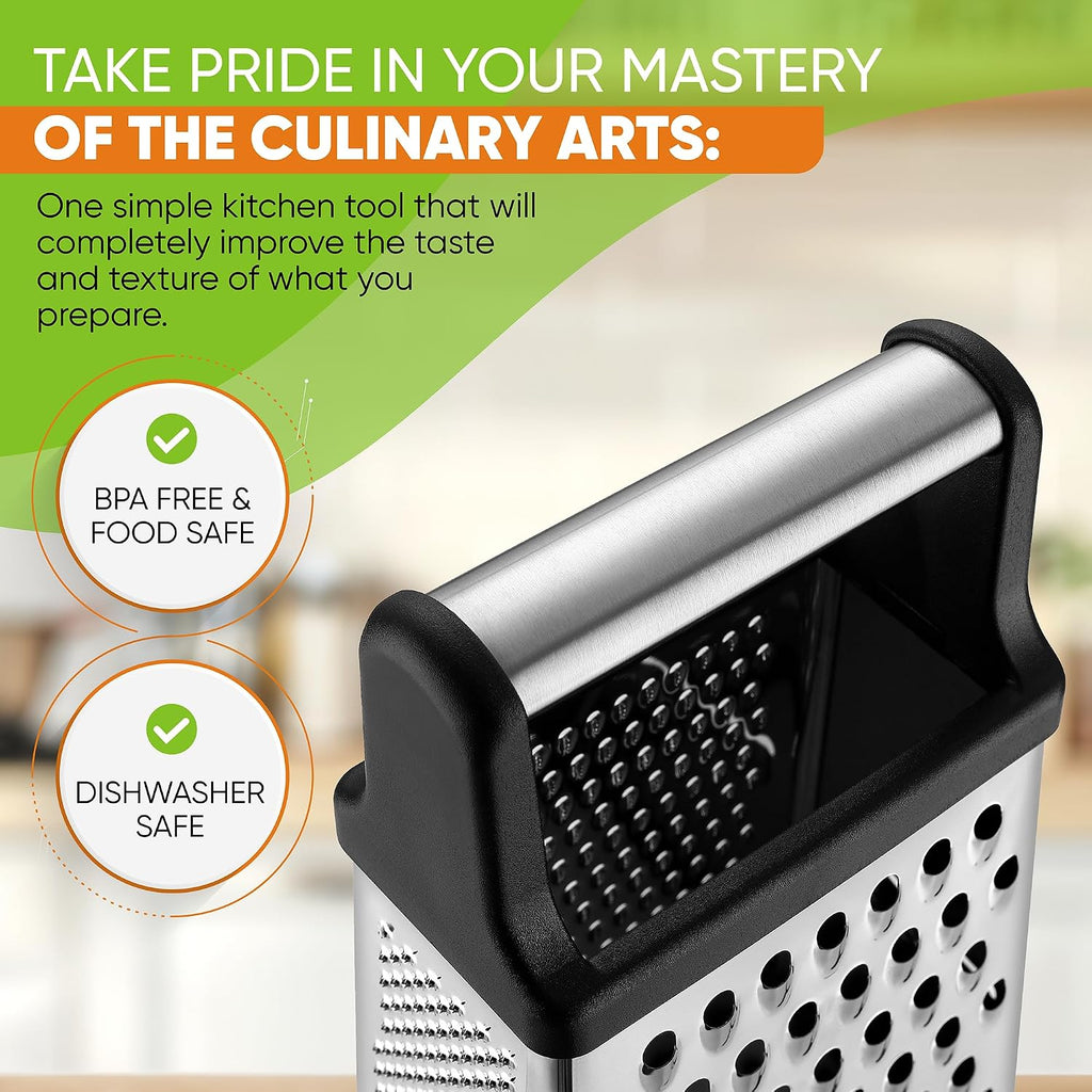 Spring Chef Professional Cheese Grater - Stainless Steel, Xl Size, 4 Sides - Perfect Box Grater For Parmesan Cheese, Vegetables, Ginger - Dishwasher Safe - Black