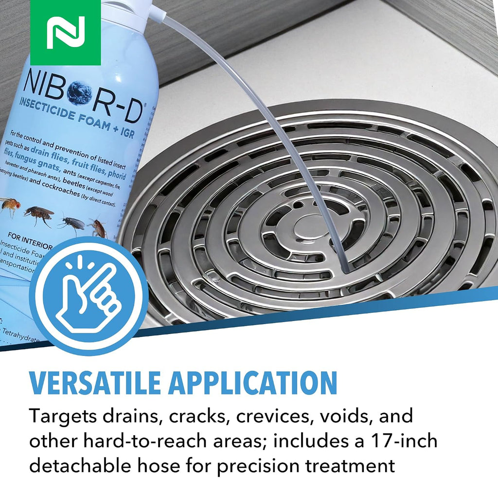 Nibor-D Insecticide Foam With Igr, Ready-To-Use For Fly And Cockroach Control, 360 Degree Application, Includes 17" Hose (1 Pack, 21 Oz Can)