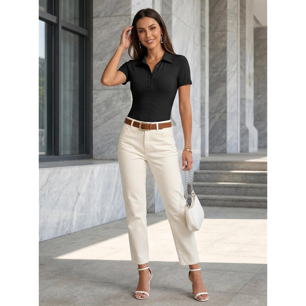 Womens Short Sleeve Business Casual Tops V Neck Fitted Collared Shirts Work Blouses