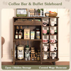 Coffee Bar Cabinet With 24-Cup Display, Large Drawer & Storage,Modern Buffet Sideboard For Kitchen, Medium Wooden Bar Station For Apartment，Walnut