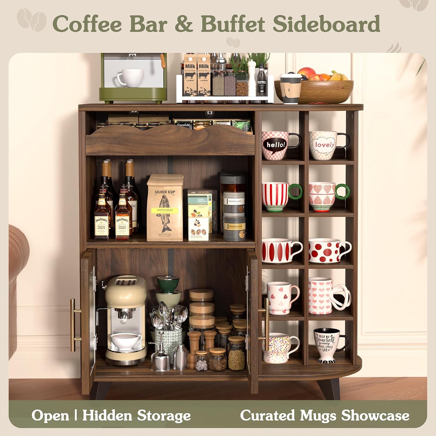 Coffee Bar Cabinet With 24-Cup Display, Large Drawer & Storage,Modern Buffet Sideboard For Kitchen, Medium Wooden Bar Station For Apartment，Walnut