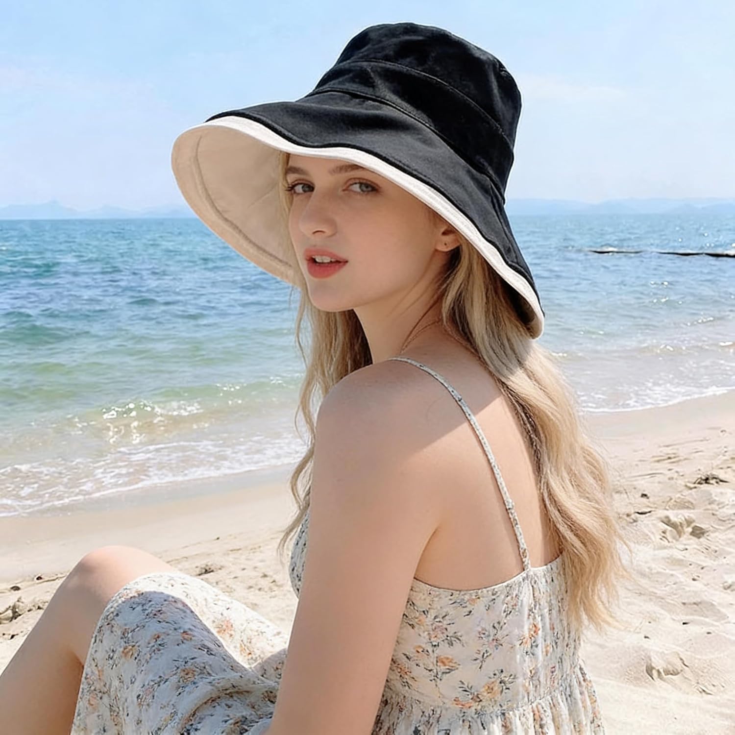 Summer Sun Hat for Women Reversible Wide Brim Foldable Bucket Outdoor UV Protection Beach Hat for Hiking Beach Travel