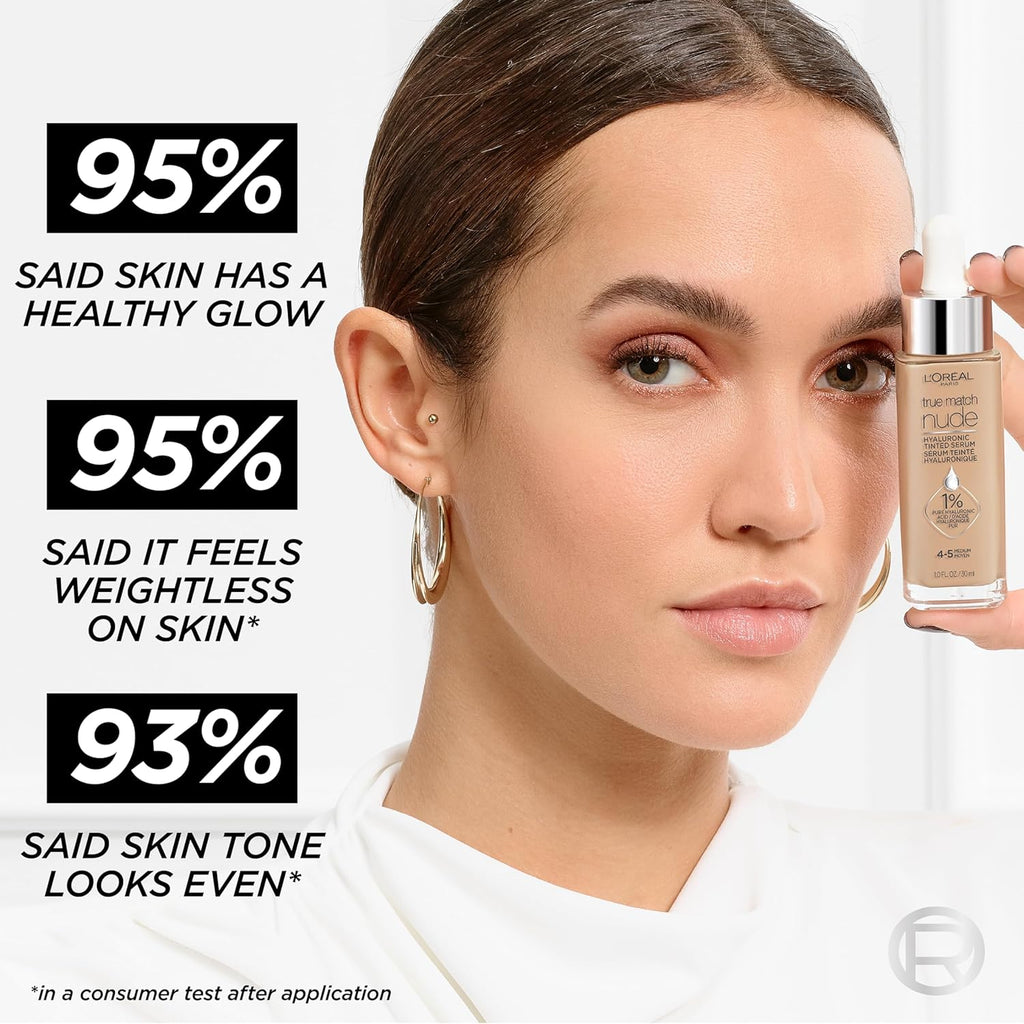 L'Oreal Paris True Match Nude Hyaluronic Tinted Serum Foundation with 1% Hyaluronic acid, Medium 4-5, 1 fl. oz.