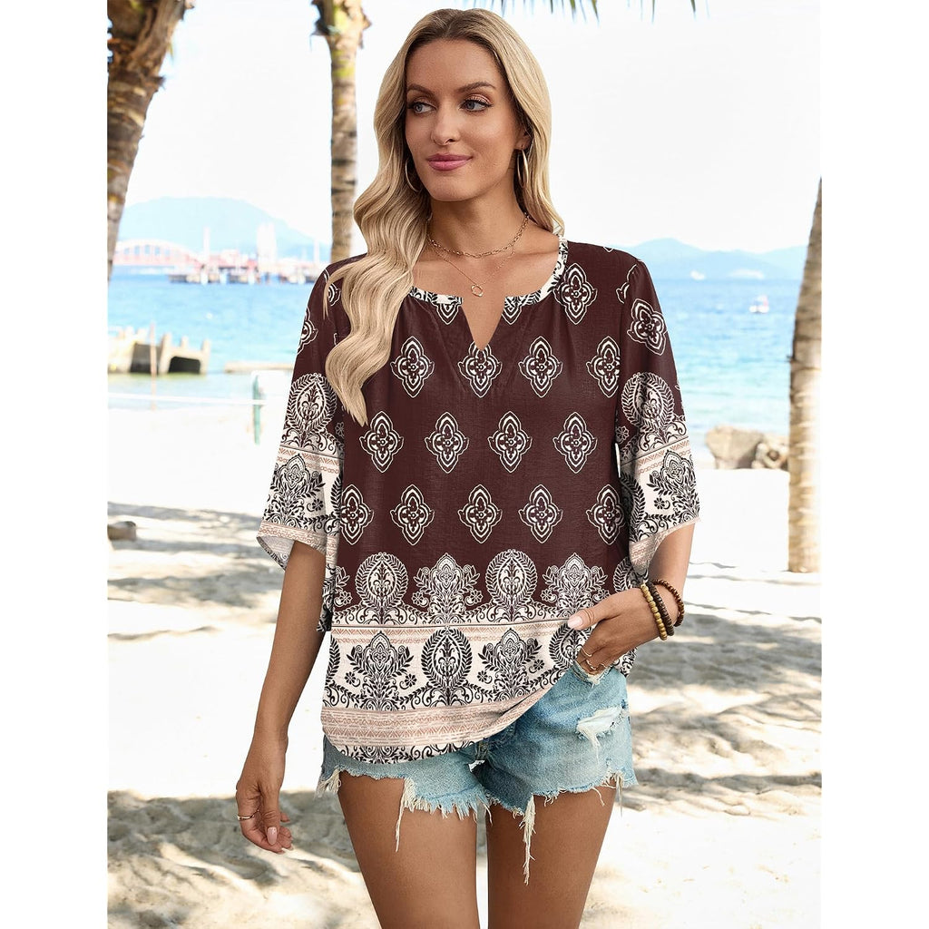 LOMON Women's 3/4 Length Sleeve Boho Tops V Neck Casual Vacation Clothes Loose Fit Tunic Shirts S-3XL