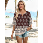 LOMON Women's 3/4 Length Sleeve Boho Tops V Neck Casual Vacation Clothes Loose Fit Tunic Shirts S-3XL