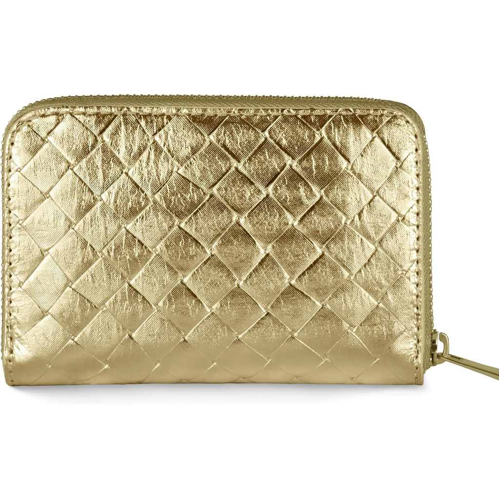 Italian Genuine Suede Wallet for Women with Metallic Weave & Full Zip Closure | Small Rectangular Card Holder Purse (Gold)