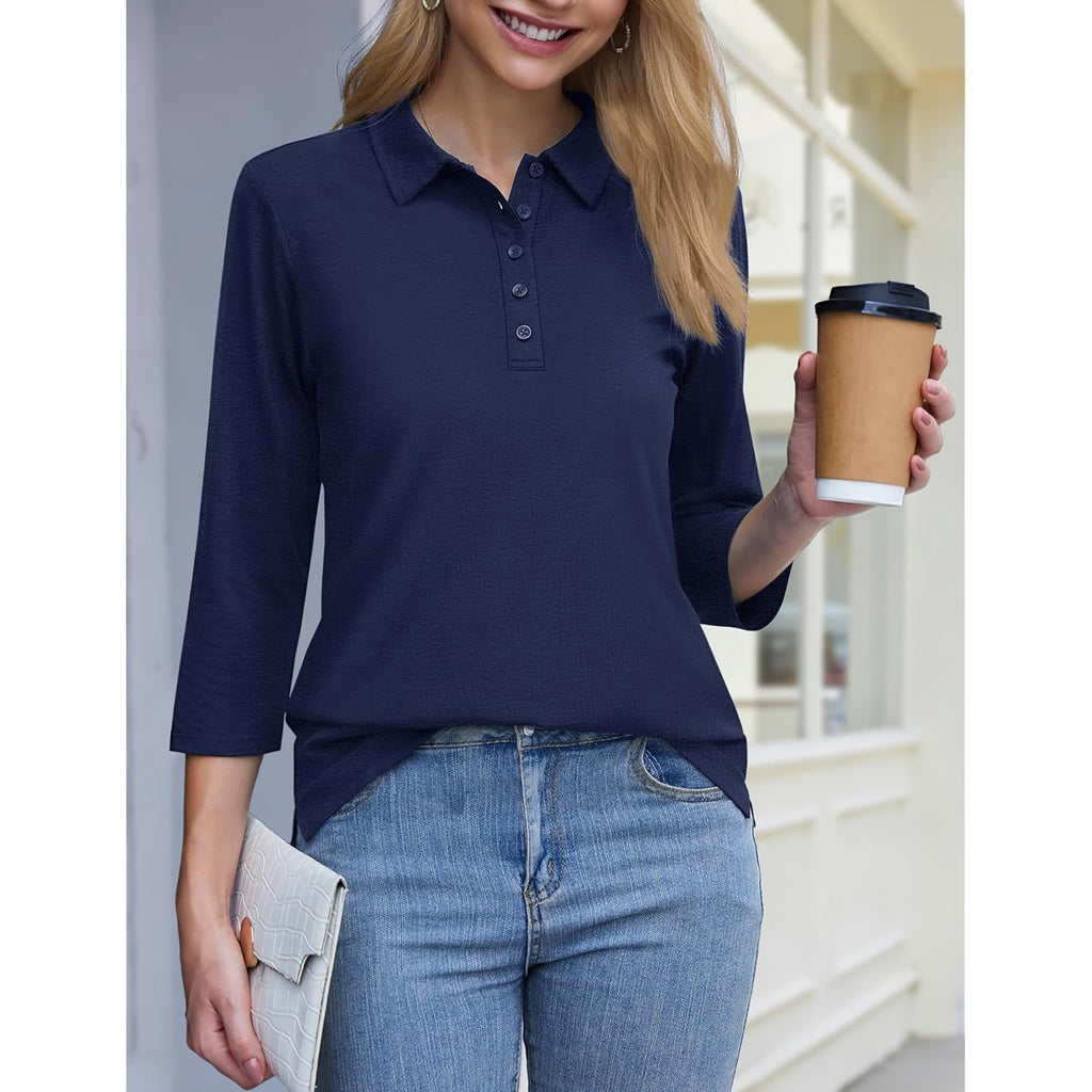 Polo Shirts for Women 3/4 Sleeve Tops Golf Tees 5-Button Collared Cotton Shirt Business Casual