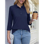 Polo Shirts for Women 3/4 Sleeve Tops Golf Tees 5-Button Collared Cotton Shirt Business Casual