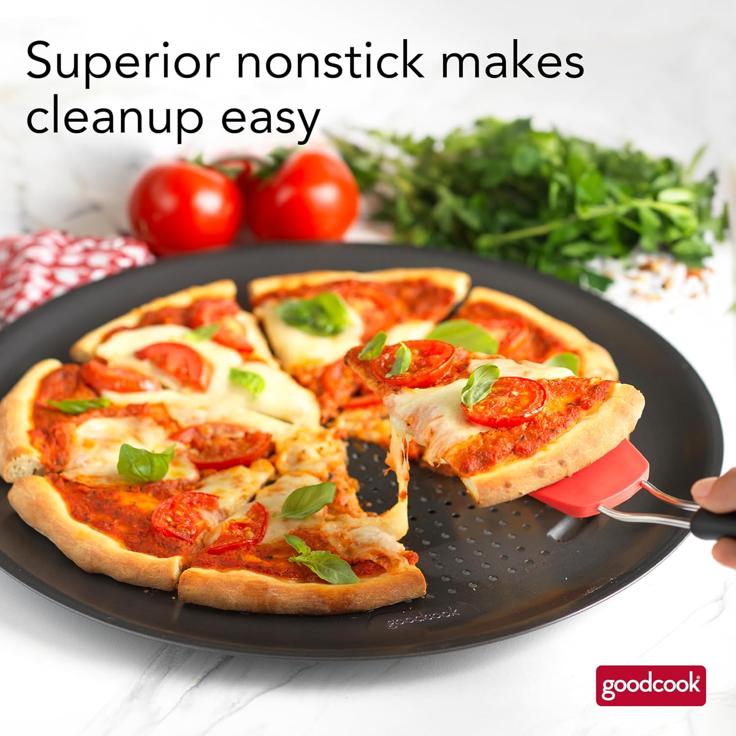 Goodcook Airperfect Insulated Nonstick Carbon Steel Pizza Pan With Cutting Guides, Perforated Nonstick Pizza Pan, 15.75-Inch, Gray