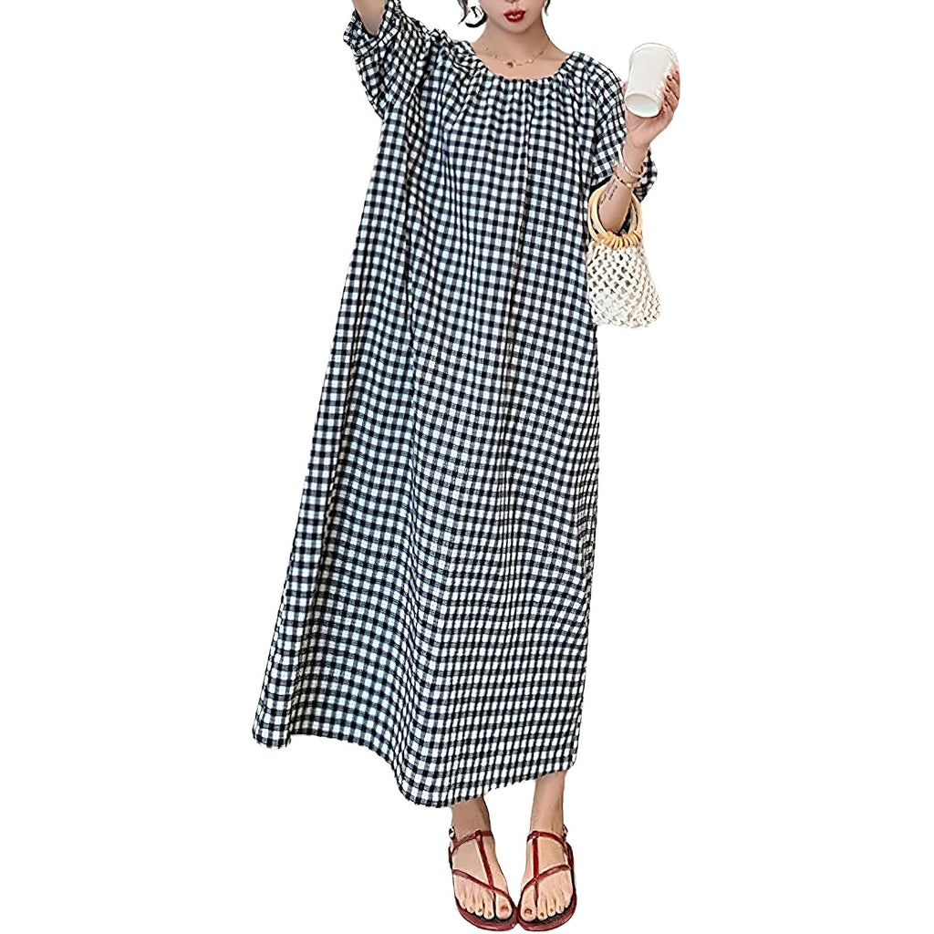 Chouyatou Women'S Casual Gingham Loose-Fit Swing Dress Cotton Lantern Puff Sleeve Plaid Midi Long Dress