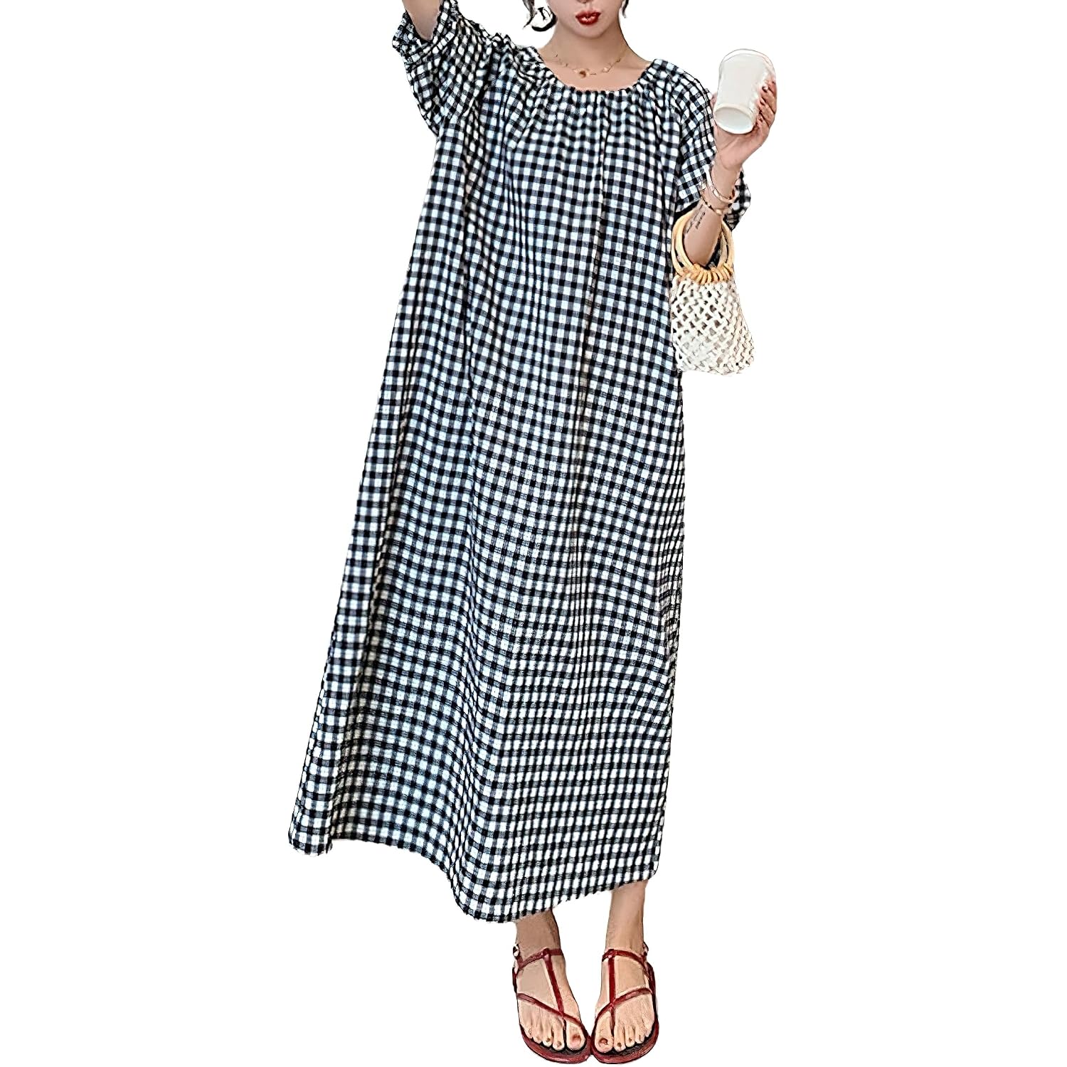 Chouyatou Women'S Casual Gingham Loose-Fit Swing Dress Cotton Lantern Puff Sleeve Plaid Midi Long Dress