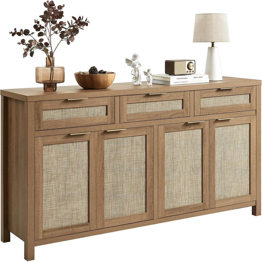 63" Rattan Sideboard Buffet Cabinet, Boho Storage Cabinet With Adjustable Shelves, Farmhouse Credenza Coffee Bar Cabinets With 4 Doors & 3 Drawers For Living Room, Hallway & Kitchen