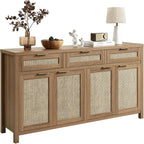 63" Rattan Sideboard Buffet Cabinet, Boho Storage Cabinet With Adjustable Shelves, Farmhouse Credenza Coffee Bar Cabinets With 4 Doors & 3 Drawers For Living Room, Hallway & Kitchen