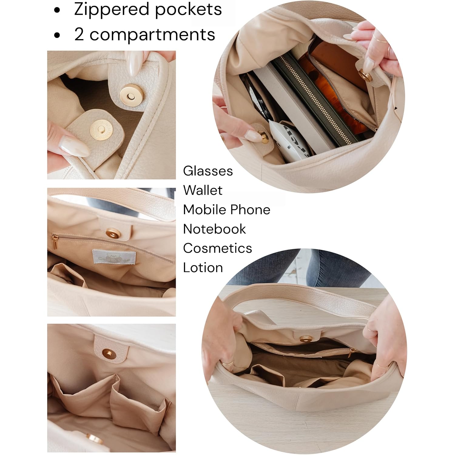 Cee & Dee Vegan Leather Hobo Bags For Women, Zippered Pocket, Slouchy Bag With Shoulder Strap, Hobo Purse Table Holder