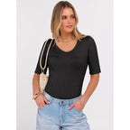 ANRABESS Womens Half Sleeve Tops V Neck Ribbed Knit Slim Fit Basic T Shirts 2026 Summer Casual Tees Spring Trendy Clothes