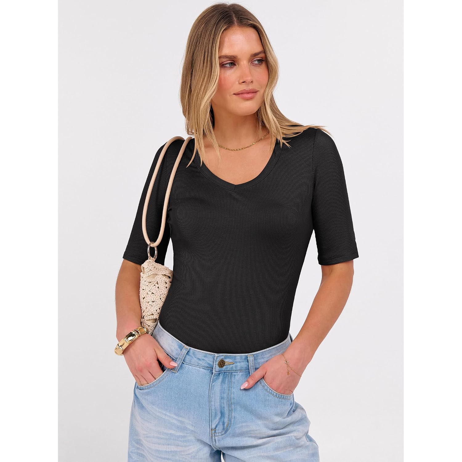 ANRABESS Womens Half Sleeve Tops V Neck Ribbed Knit Slim Fit Basic T Shirts 2026 Summer Casual Tees Spring Trendy Clothes