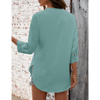 Lomon 3/4 Length Sleeve Womens Tops V Neck 3/4 Sleeve Sides Slit Button Down Shirts Cotton Linen Casual Loose Blouses