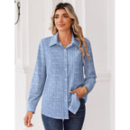 Blouse for Women Dressy Long Sleeve Button Down Shirts Business Casual Outfit Lightweight Solid/Printed Tops