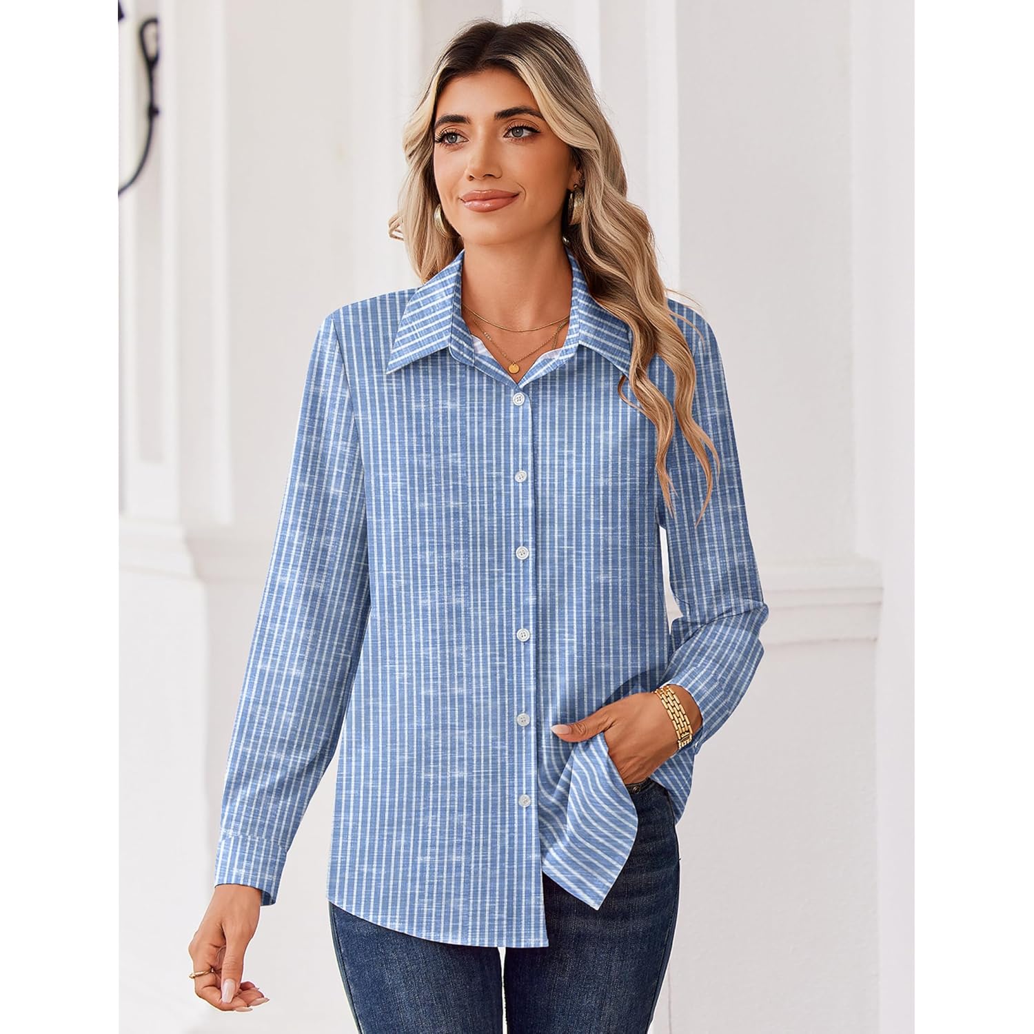 Blouse for Women Dressy Long Sleeve Button Down Shirts Business Casual Outfit Lightweight Solid/Printed Tops