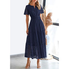 Prettygarden Womens 2026 Summer Maxi Dress Short Sleeve V Neck Hollow Out Eyelet A Line Long Flowy Beach Vacation Dresses
