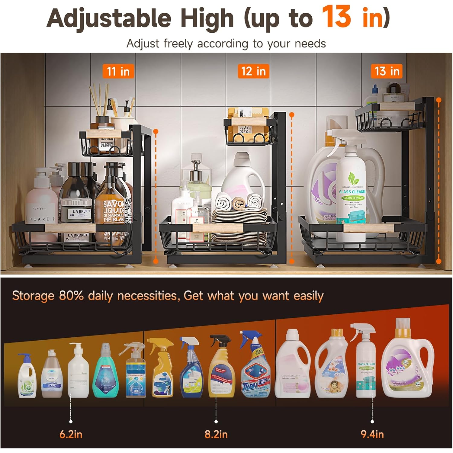 Sevenblue 2 Packs Under Sink Organizer, Height Adjustable 2 Tier Under Kitchen Sink Organizer, Multi-Purpose Storage Shelf for Kitchen Bathroom Cabinet