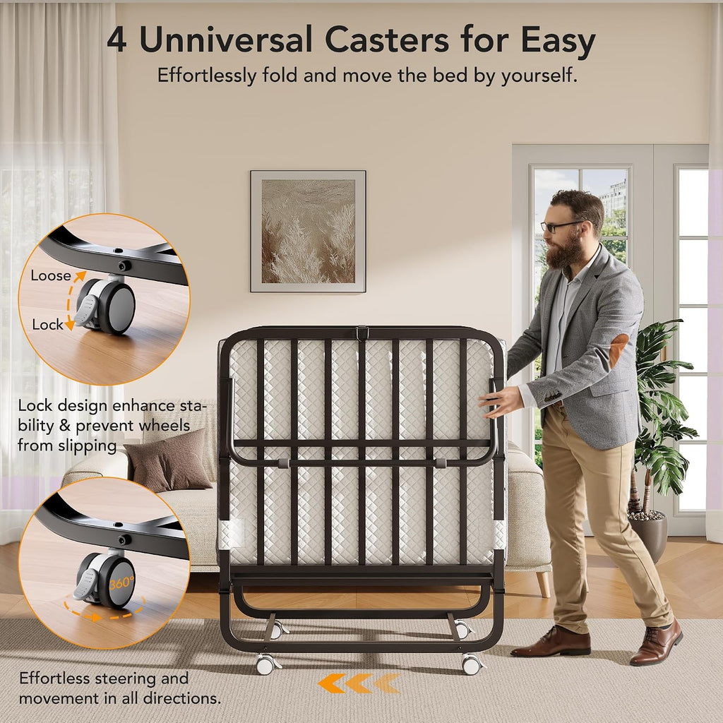 Folding Bed With Memory Foam Mattress, 75" X 31" Cot Size Portable Foldable Bed With Movable Wheels, Space-Saving Sturdy Metal Frame, Twin Rollaway Bed For Adults For Guest Room, Apartment, Camping