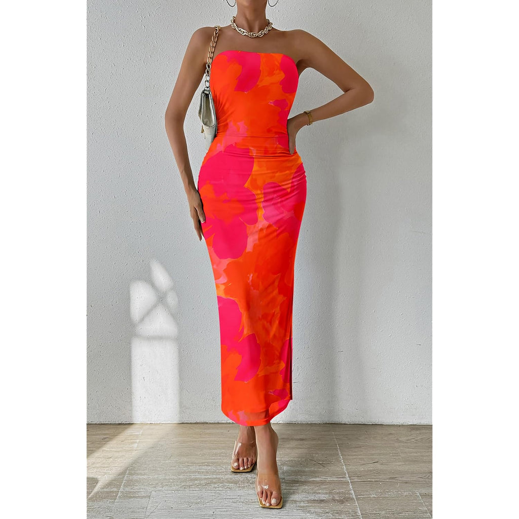 Prettygarden Women'S Summer Wedding Guest Dress Strapless Tube Top Maxi Bodycon Long Floral Mesh Beach Vacation Party Dresses