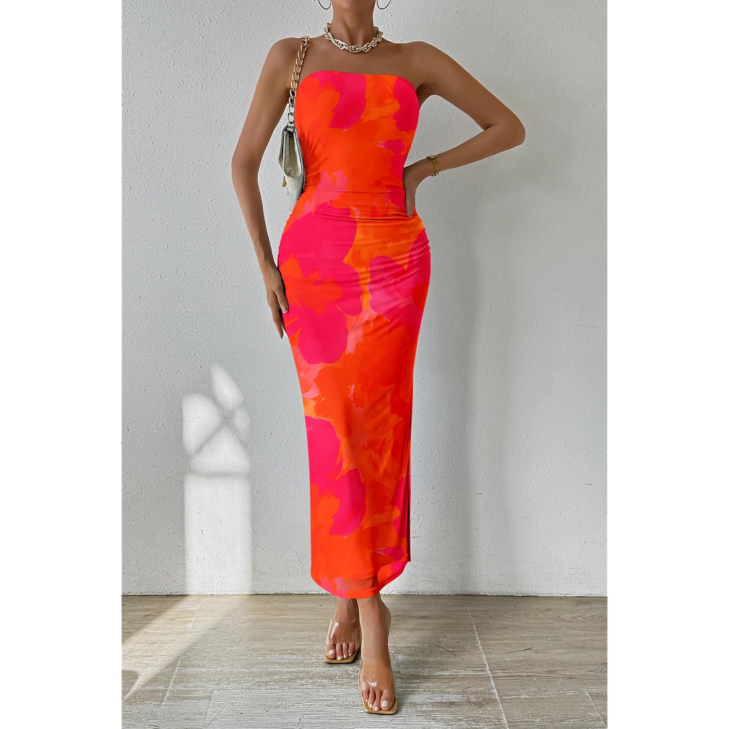 Prettygarden Women'S Summer Wedding Guest Dress Strapless Tube Top Maxi Bodycon Long Floral Mesh Beach Vacation Party Dresses