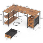 Huuger L Shaped Office Desk With Power Outlets, 47 Inch Computer Desk With 3 Drawers, Shelves, For Gaming, Corner Work, Home Office, Study, Rustic Brown