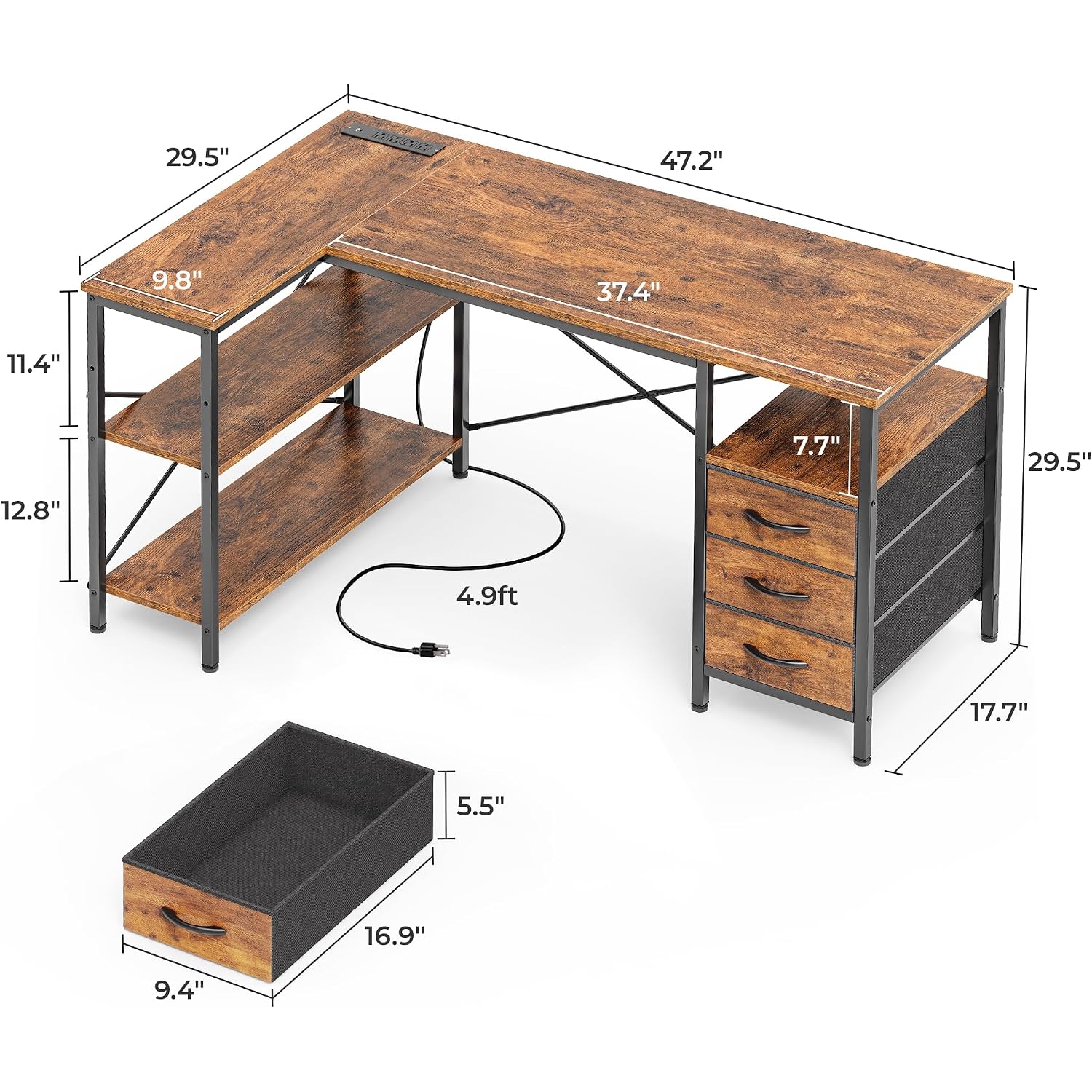 Huuger L Shaped Office Desk With Power Outlets, 47 Inch Computer Desk With 3 Drawers, Shelves, For Gaming, Corner Work, Home Office, Study, Rustic Brown