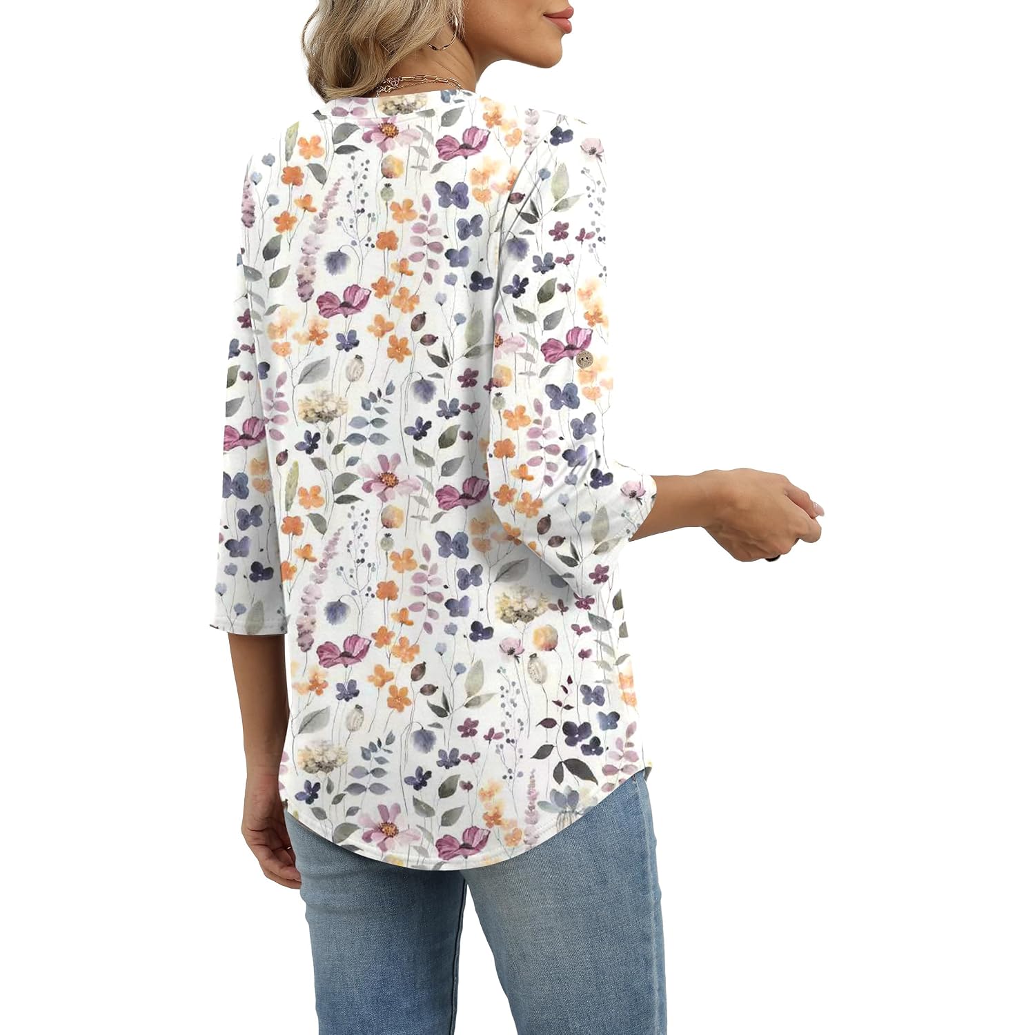 XIEERDUO 3/4 Length Sleeve Womens Tops V Neck T Shirts Both Side Buttons Blouses Business Casual Outfits Loose Fit