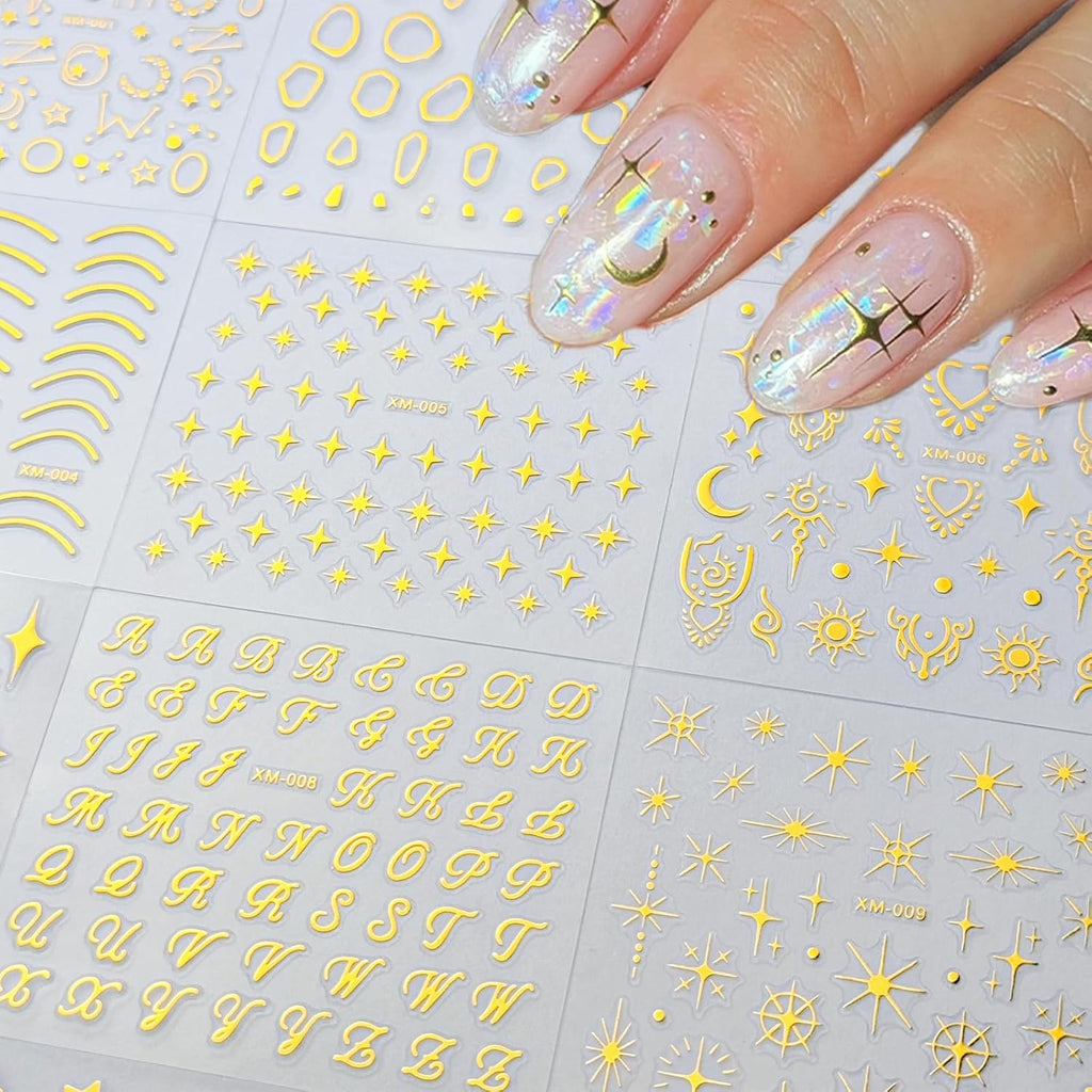30 Sheets Gold Nail Sticker Star Moon Heart Nail Art Stickers Cute Knot Bow Design 3D Self-Adhesive Nail Decals for Women Girls DIY Nail Art Decoration Accessories