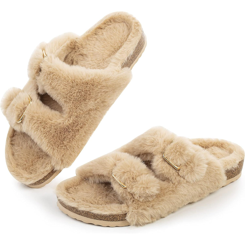 Fitory Womens Open Toe Slipper With Cozy Lining,Faux Rabbit Fur Cork Slide Sandals Size 6-11