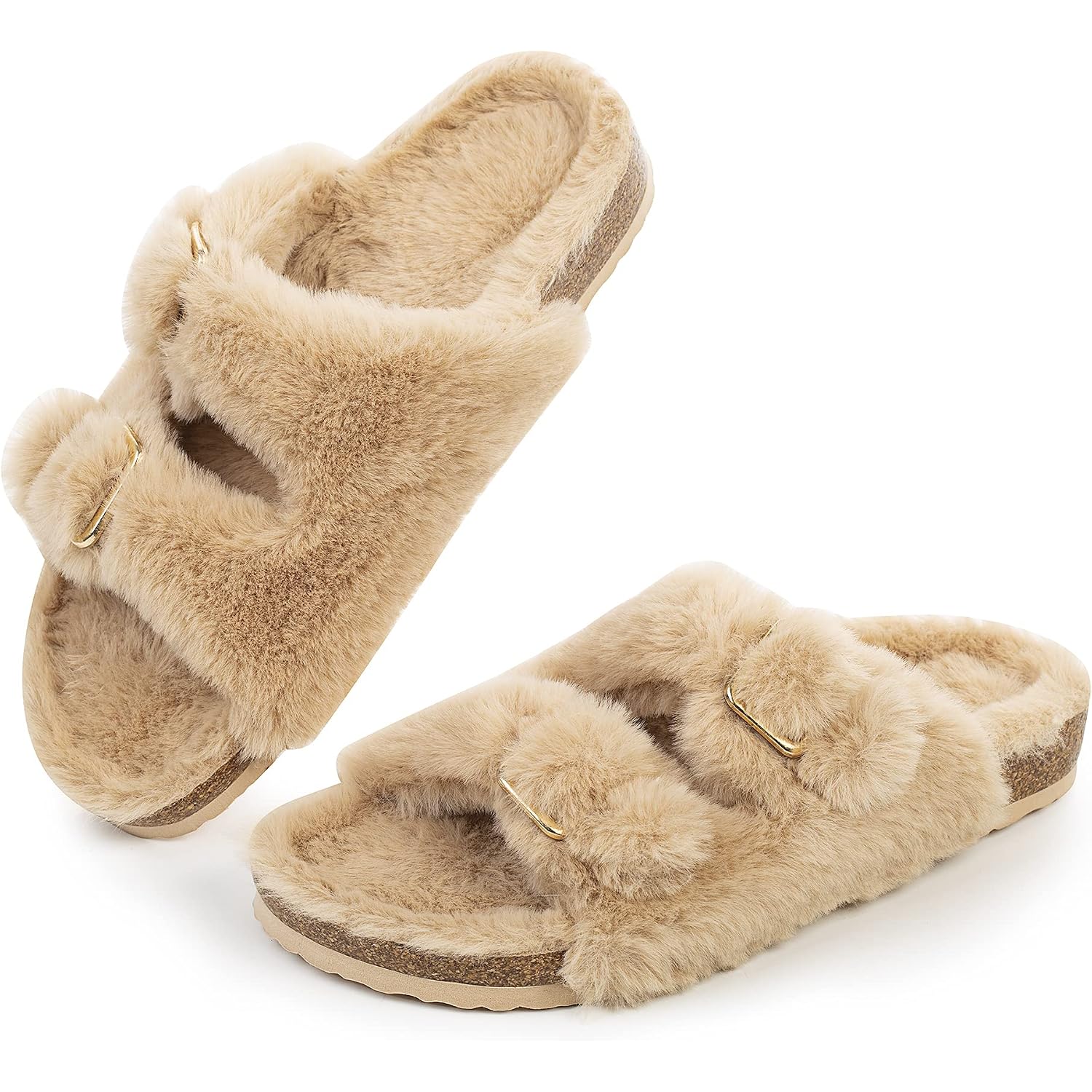 Fitory Womens Open Toe Slipper With Cozy Lining,Faux Rabbit Fur Cork Slide Sandals Size 6-11