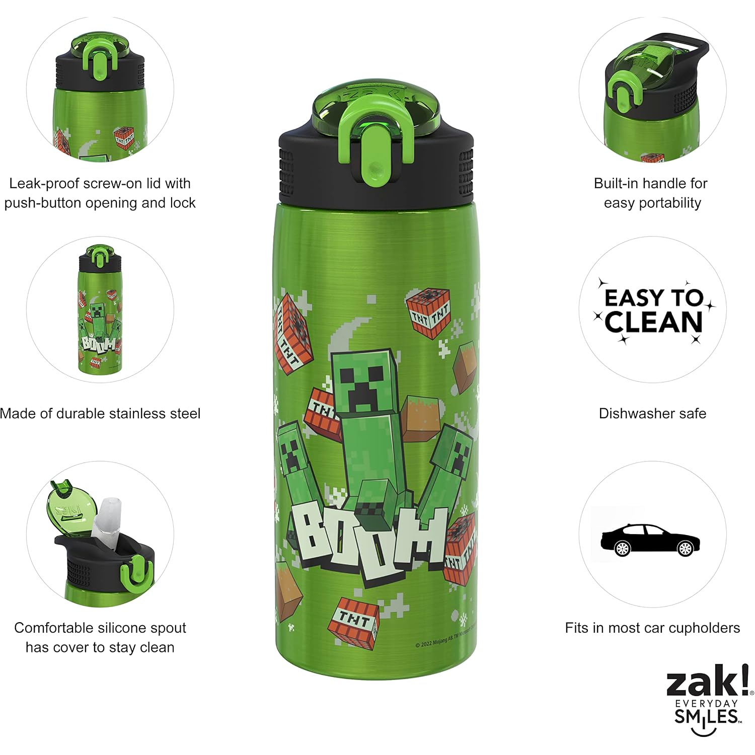 Zak Designs Minecraft Water Bottle For Travel And At Home, 19 Oz Vacuum Insulated Stainless Steel With Locking Spout Cover, Built-In Carrying Loop, Leak-Proof Design (Creeper)
