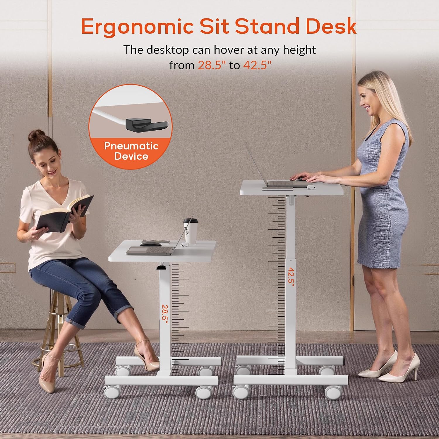 Mobile Small Standing Rolling Desk Adjustable Height, Portable Laptop Desk On Wheels, Workstation For Home Office With Hook,White