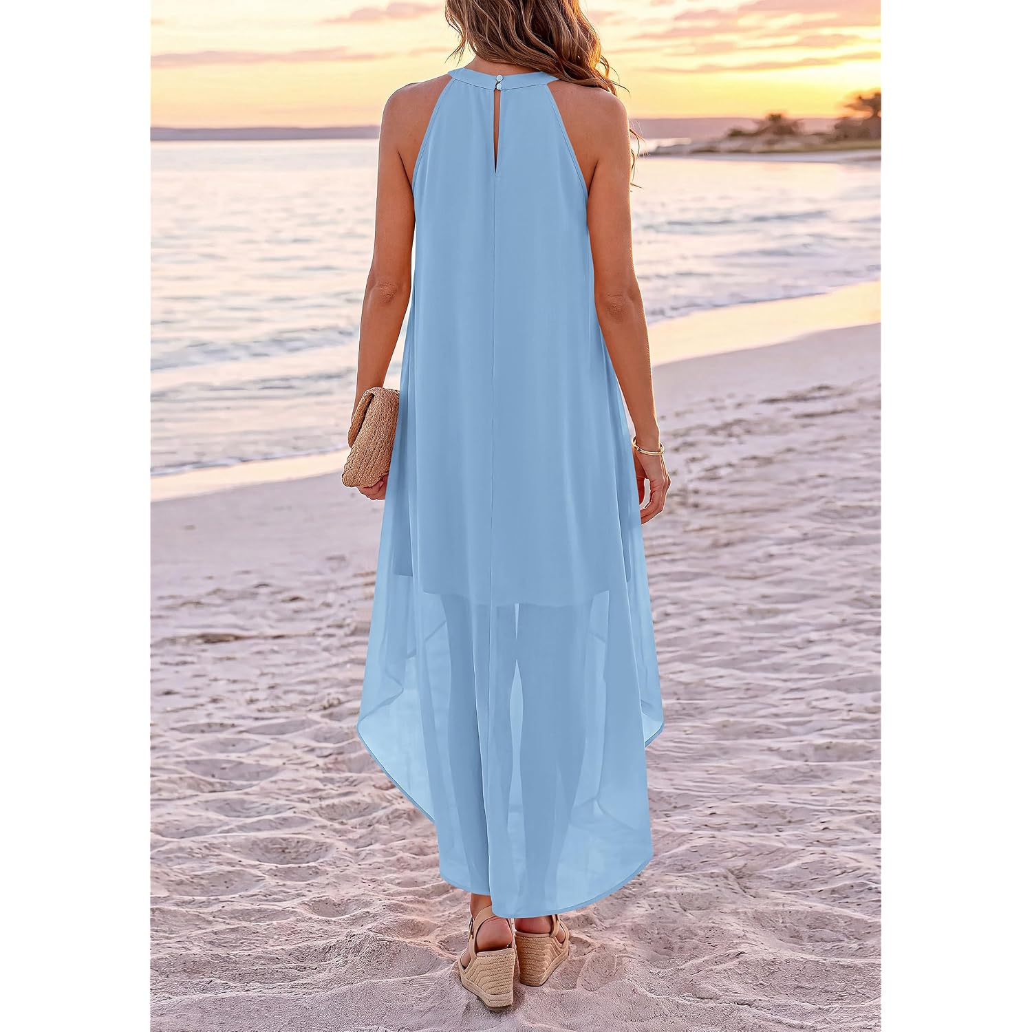 Prettygarden Summer Wedding Guest Dresses For Women 2026 Spring Long Flowy Halter Maxi Asymmetrical Beach Vacation Sundress