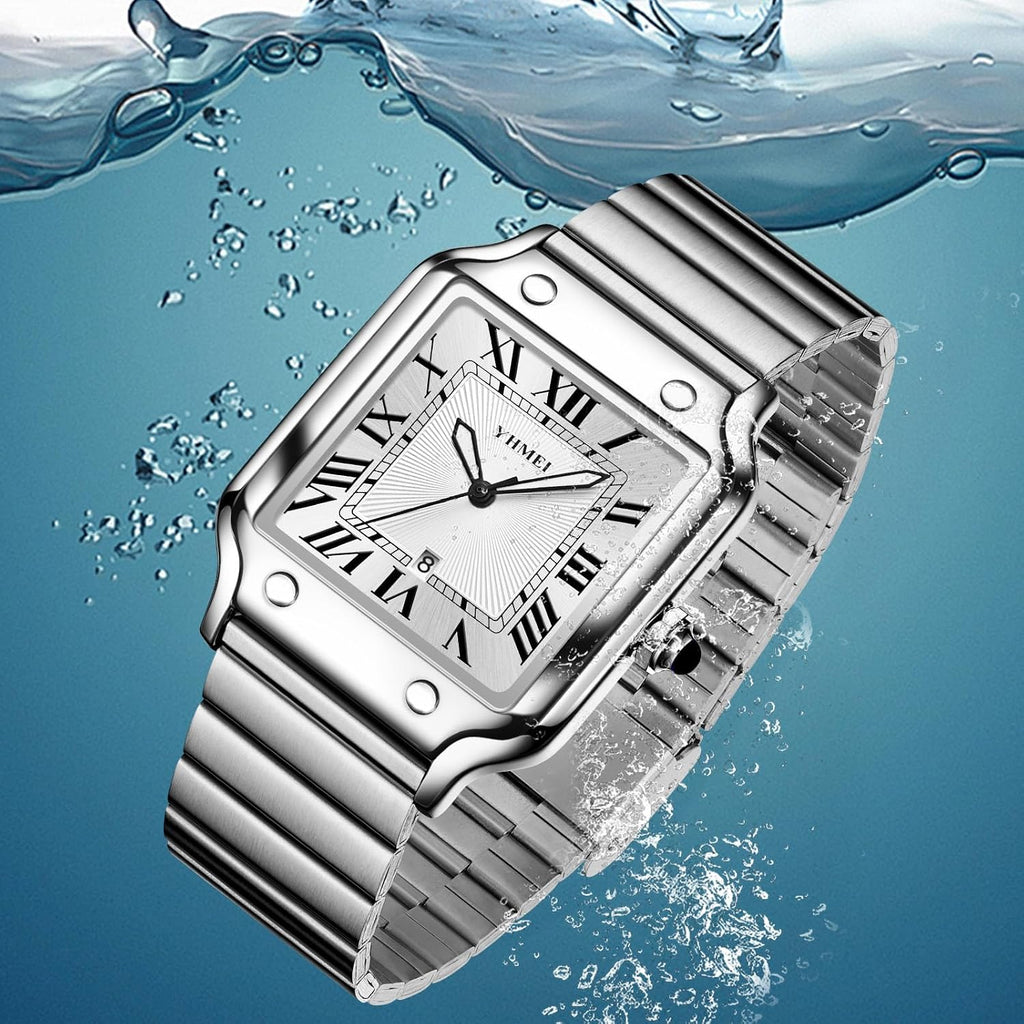 Unisex Classic Square Roman Numerals Silver Analog Waterproof Watches For Women Men Stainless Steel Strap Date Display Casual Wristwatch