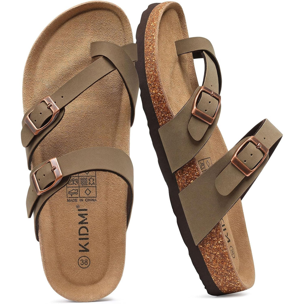 Kidmi Women'S Cork Footbed Sandals With Toe Loop, Comfortable Summer Slip-On Slides With Adjustable Buckle