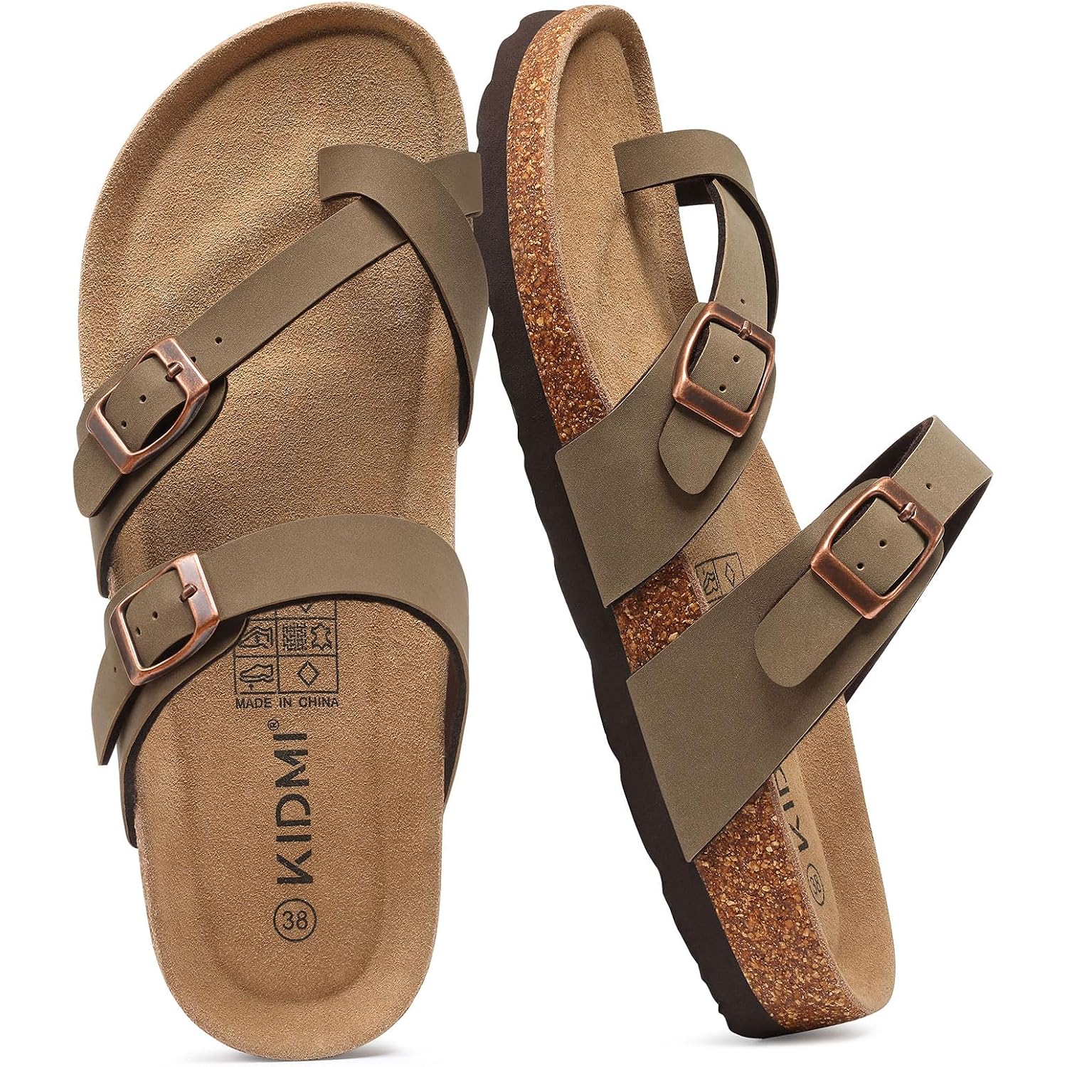 Kidmi Women'S Cork Footbed Sandals With Toe Loop, Comfortable Summer Slip-On Slides With Adjustable Buckle