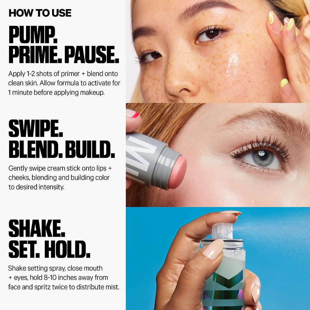 Milk Makeup Mini Must-Haves Set – Includes 12Hr Hydrating Face Primer (.33Oz) + 12Hr Setting Spray For Gripping Makeup (1.69Oz) And Multi-Use Cream Blush Stick + Lip Color In Werk (Dusty Rose, 0.10Oz)