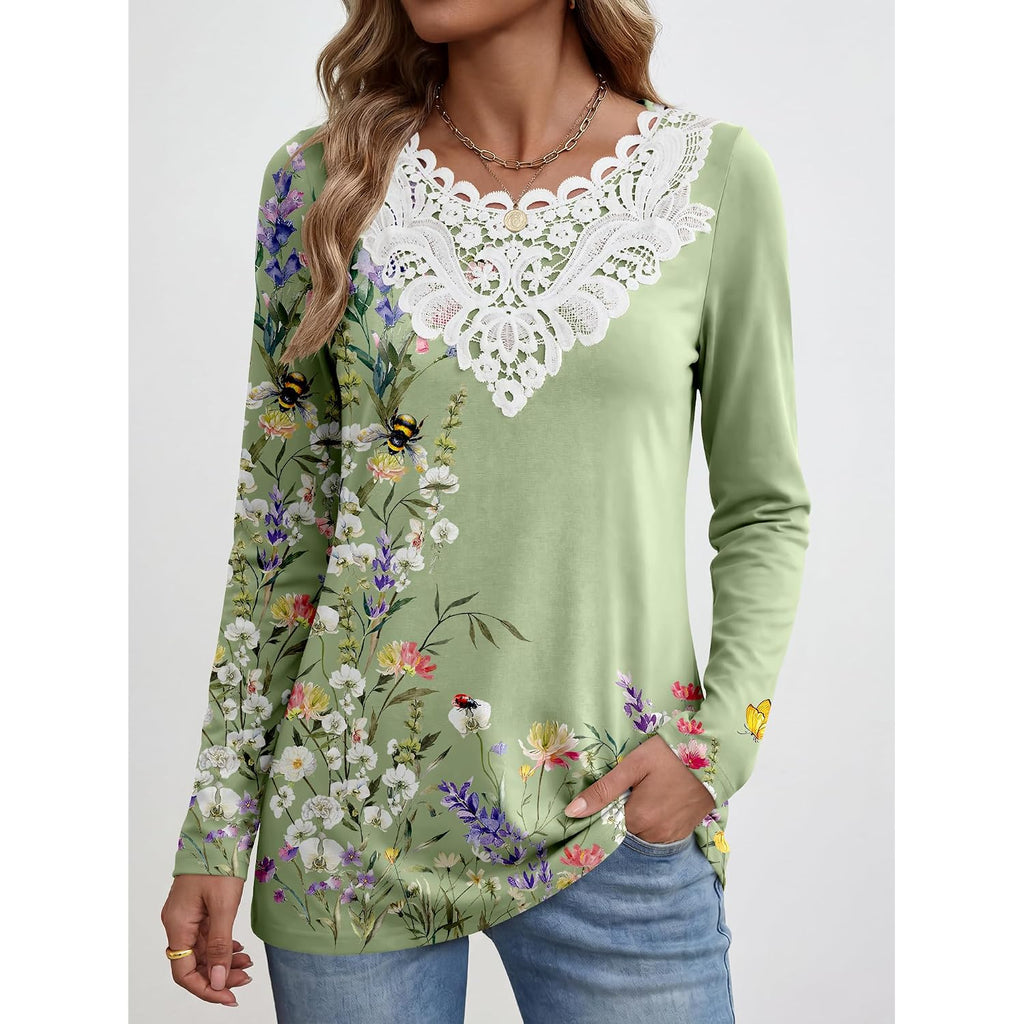 Anrabess Women'S Lace Front Long Sleeve Tunic Tops | Scalloped V Neck Floral Print Shirts, Soft Regular Fit Blouses, Business Office Travel Outfits, Dressy Casual, Fall & Winter