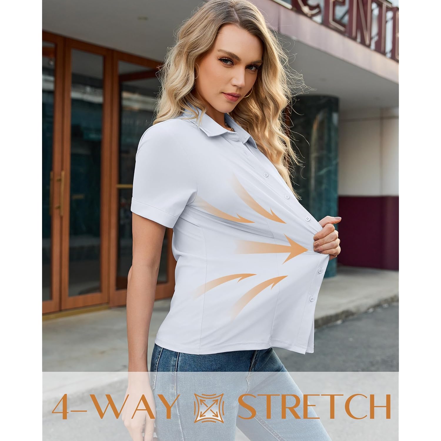 Button Down Shirts for Women Stretch Short Sleeve Dress Shirts for Women Collared Wrinkle Free Business Top Work Blouse
