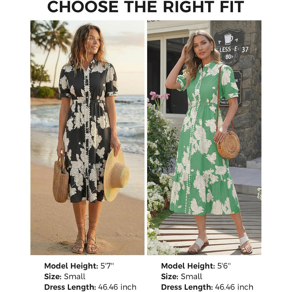 Wenrine Womens Casual Shirt Dress Floral Collared Short Sleeve Button Down Drawstring Waist Loose Summer Maxi Dresses